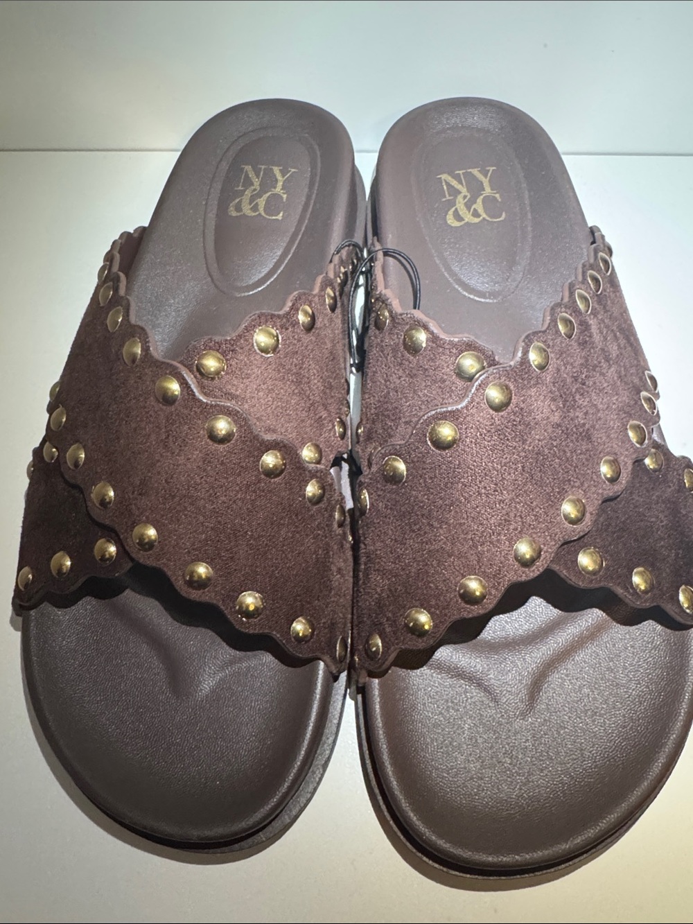 NY&C Brown Studded Slide Sandals